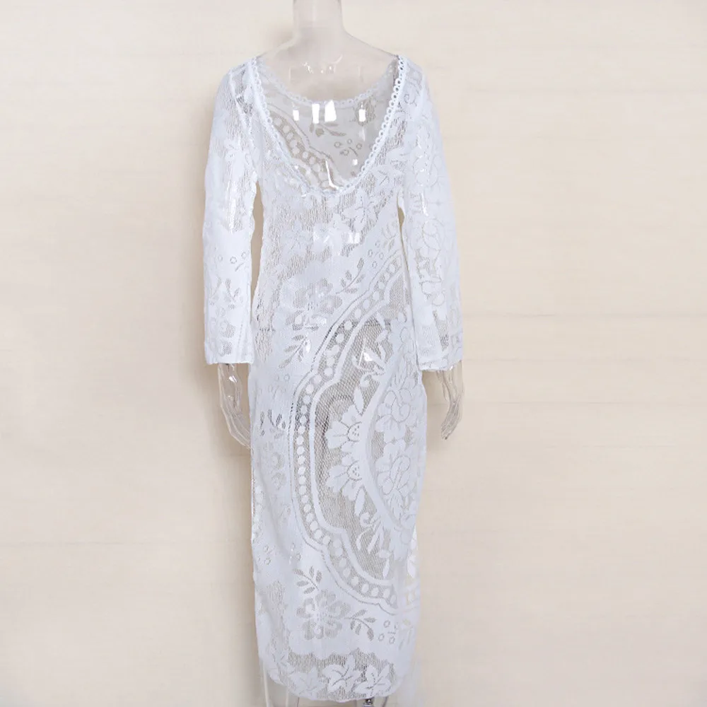 Кружевное пляжное длинное платье с О образным вырезом длинным Расклешенным