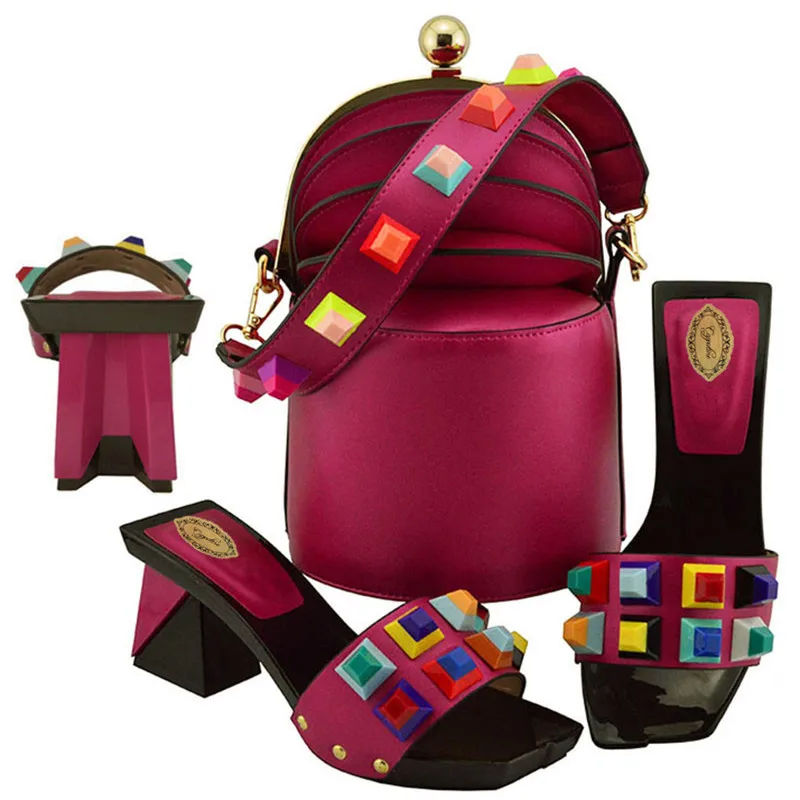 Magenta Latest Fashion PU Leather Shoes And Bags To Match Set Nigerian Woman Shoes With Bag Set Bag Set For Wedding On Stock MD011 - Цвет: Magenta