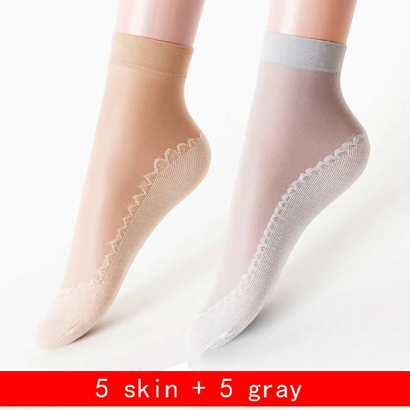 5skin-5grey 10 пар/упак. бархатные шелковые женские носки хлопковые носки с мягкой нескользящей подошвой, впитывающие влагу, Нескользящие летние и осенние носки - Цвет: 5skin-5grey