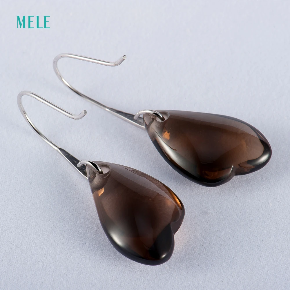 Горячая распродажа! Серьги из серебра с натуральными дымчатыми кварцами 14 мм * 24