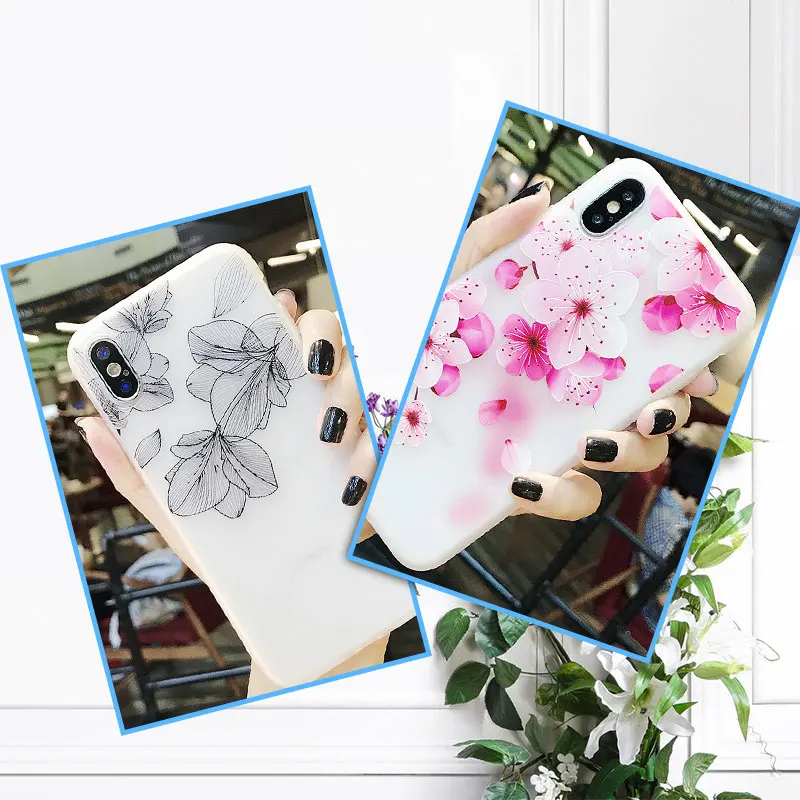 Phone Case For iPhone 7 8 Plus Soft TPU 3D Relief Floral Protective Cover X 6S 6 Girly Full Coverage |
