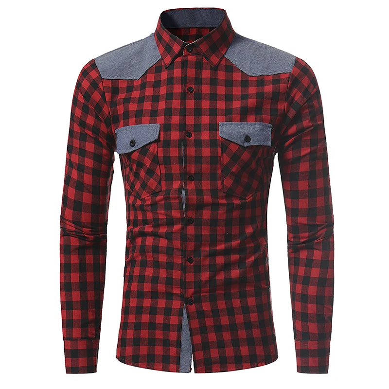 Клетчатая рубашка 2017 осенние модные рубашки мужская повседневная брендовая