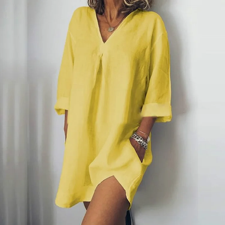 02 yellow Летнее хлопковое льняное платье с градиентом, 3XL, женское сексуальное мини-платье с v-образным вырезом и рукавом 3/4, с коротким рукавом и карманом, Пляжное Платье - Цвет: 02 yellow