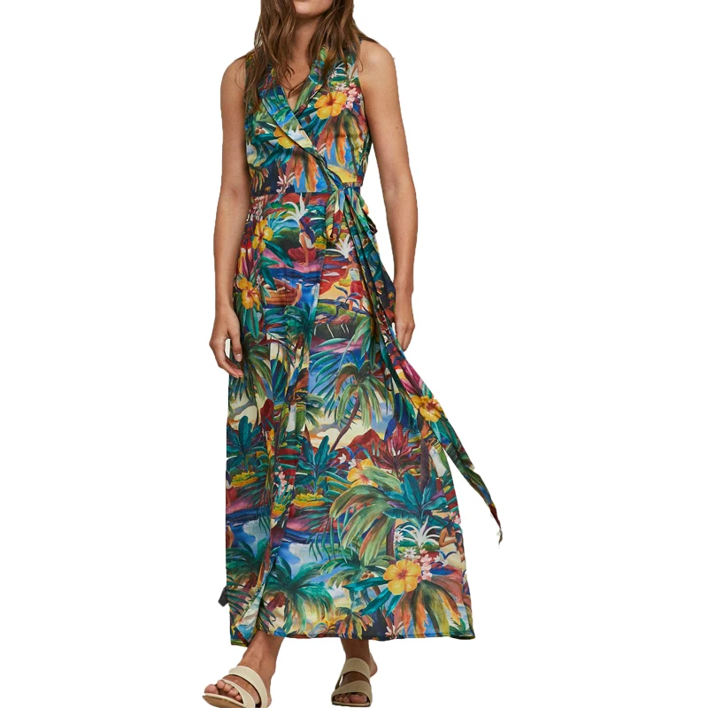 Летнее платье 2019 Новая повседневная одежда без рукавов Женская с принтом длинное