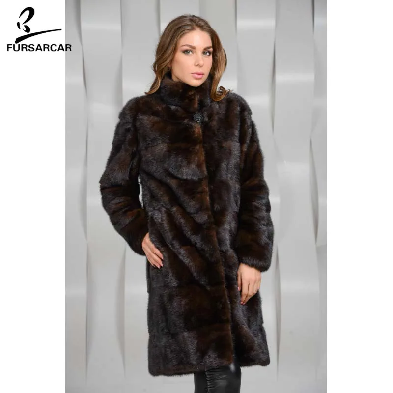 FURSARCAR/Новинка пальто из натурального меха норки с меховым воротником модная