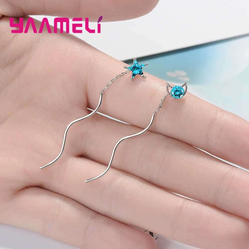 925 Sterling Silver Dangle Earring For Women Shiny Blue Star Top Quality Jewelry AAA+ Cubic Zirconia Wedding Present | Украшения и