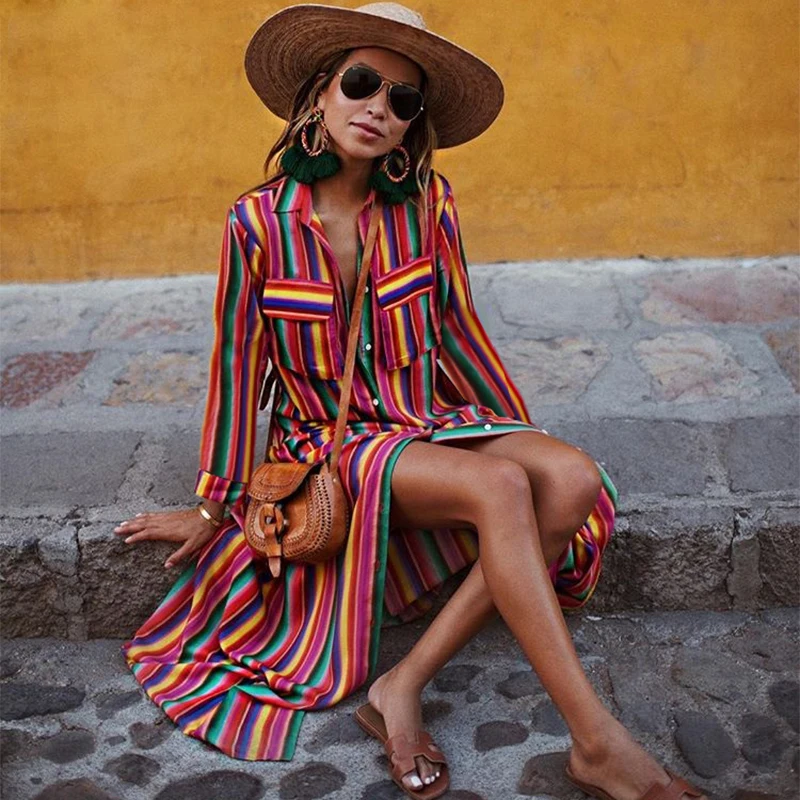 VIEUNSTA Винтаж в радужную полоску Boho Maxi Dress Для женщин кнопку сбоку Разделение длинное платье Повседневное отложной воротник осенние платья 3XL