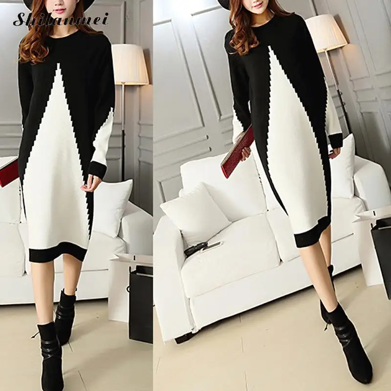 2019 черно-белое лоскутное Повседневное платье миди с длинным рукавом элегантный