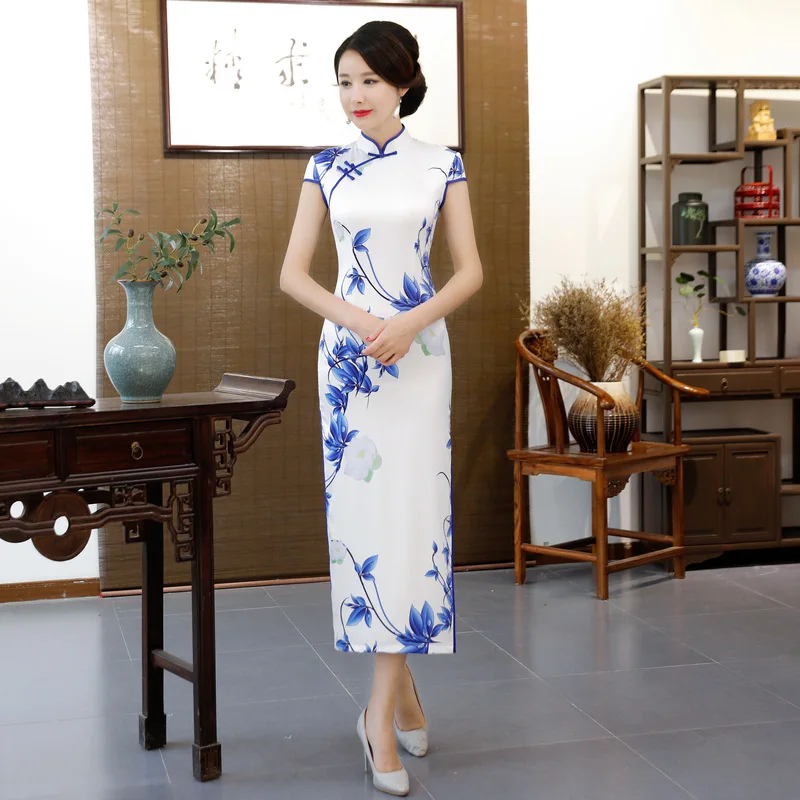 Женское платье Ципао из натурального шелка длинная одежда для вечеринки синие