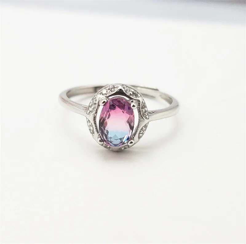 Purple with Blue Натуральный радужные Кристаллы Кольцо из стерлингового серебра 925 S925 подлинное чистое серебро синий Фиолетовый аметист драгоценный камень из органической кожи роскошные Кольца с алмазами - Цвет камня: Purple with Blue