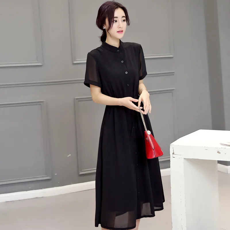 Летняя модная женская шифоновая рубашка воротник с короткими рукавами платье