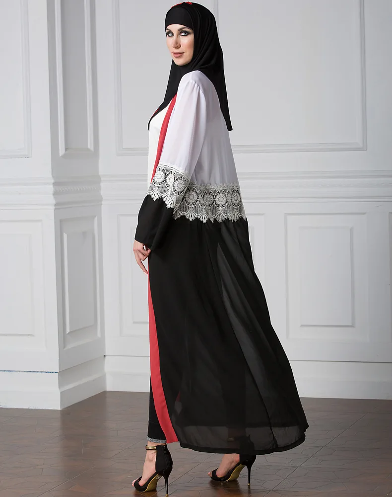 Осень 2017 г. Для женщин мусульманское платье черный и белый Лоскутная кружевной