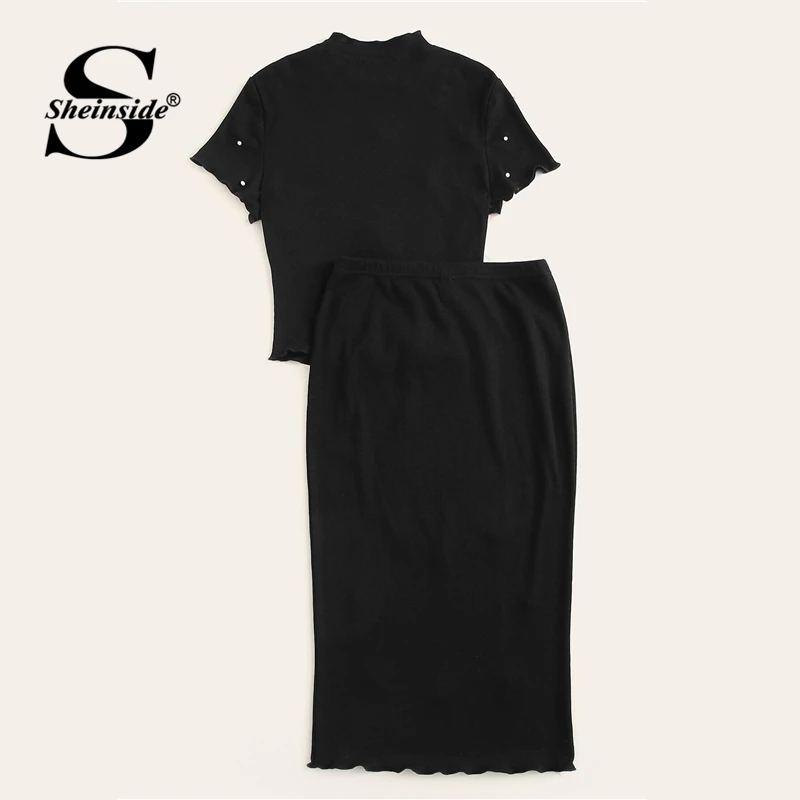 Sheinside, комплект из черного топа и юбки с отделкой жемчугом и воротником-стойкой,, элегантные комплекты из 2 предметов для женщин, однотонный комплект из 2 предметов