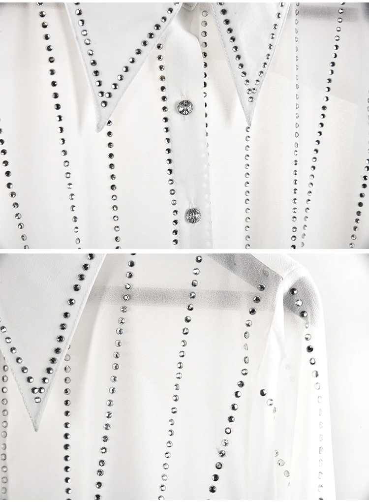 

High quality diamons long sleeve Chiffon Shirts Women 2019 spring runways white/black stripe shirts & Blouses G089