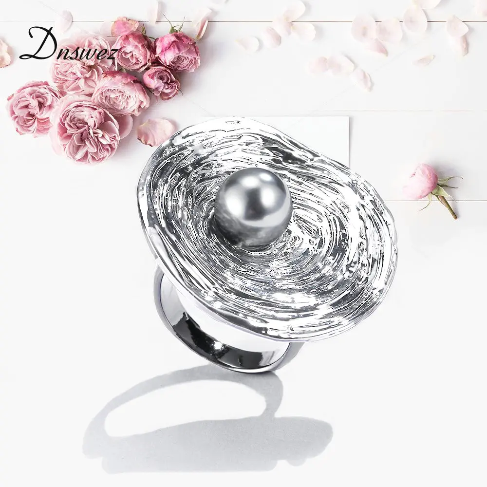 Dnswez Big Round Ring for Women Retro Silver Color with Black Pearl Decoration Geometric Gift Jewelry Bijouterie R1990 | Украшения и