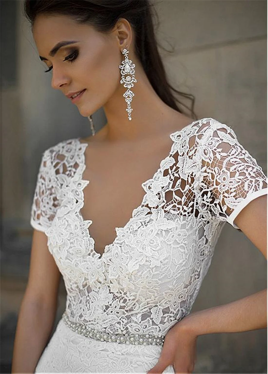 

Long White Satin V-neck Neckline Mermaid Short Sleeves Beads Dresses Boho Wedding Dress Gown Sofuge Vestido De Noiva Dubai