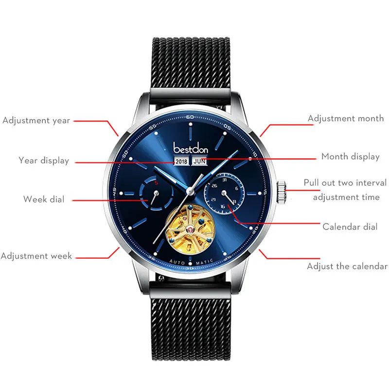 Bestdon Tourbillon механические мужские часы Скелет автоматические для мужчин Швейцария