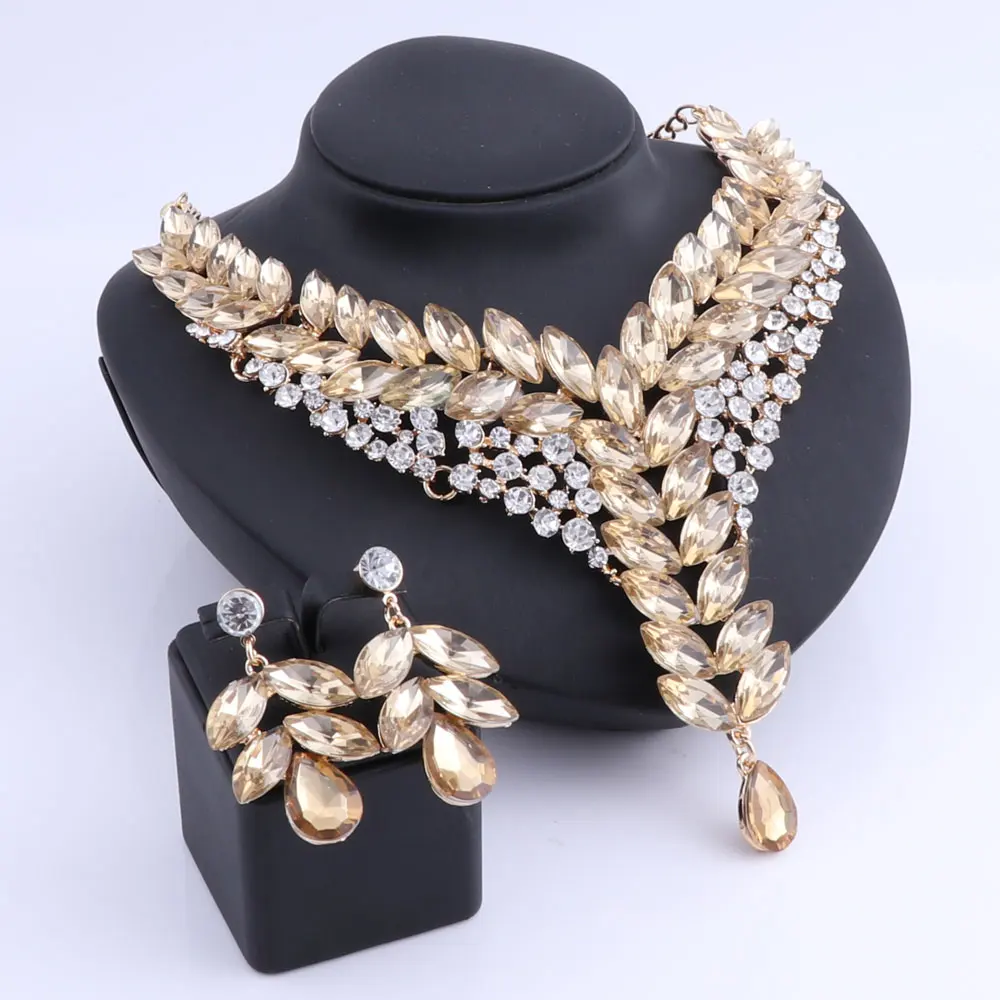 Women Champagne Crystal Wedding Bride Party Costume Accessories Bridal Necklace Earring Jewelry Sets | Украшения и аксессуары
