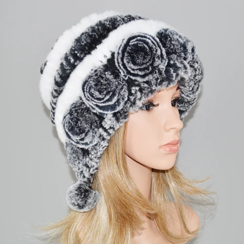 grey and white Стиль, женская натуральная шапка из меха кролика Рекс, зимняя популярная шапка из меха кролика Рекс, теплая мягкая вязаная шапка, настоящий мех кролика - Цвет: grey and white