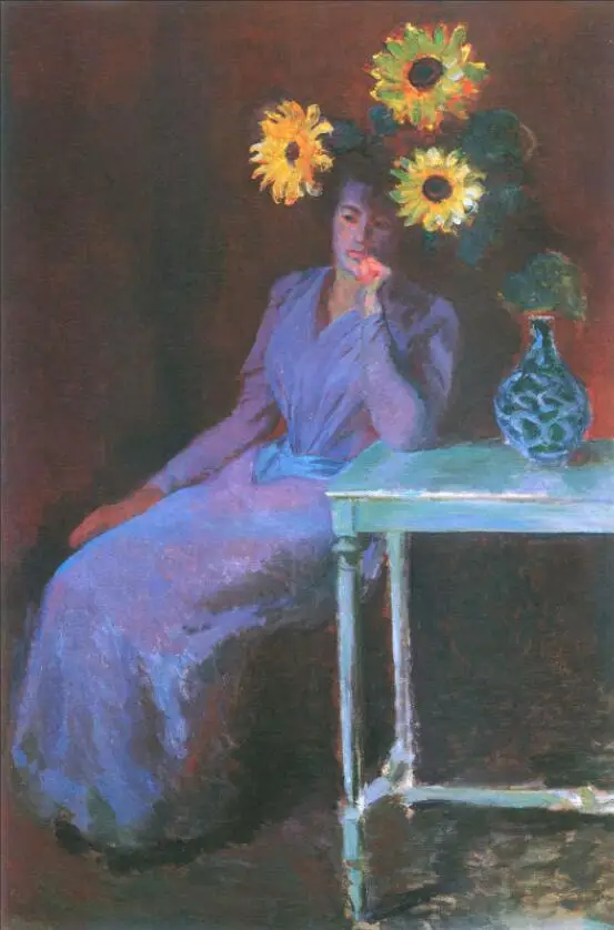 

High quality Oil painting Canvas Reproductions Portrait of Suzanne Hoschede with Sunflower By Claude Monet Painting hand painted