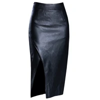 women pu leather pencil skirt black autumn winter sheath package hip skirt high waist sexy split bodycon skirt saia