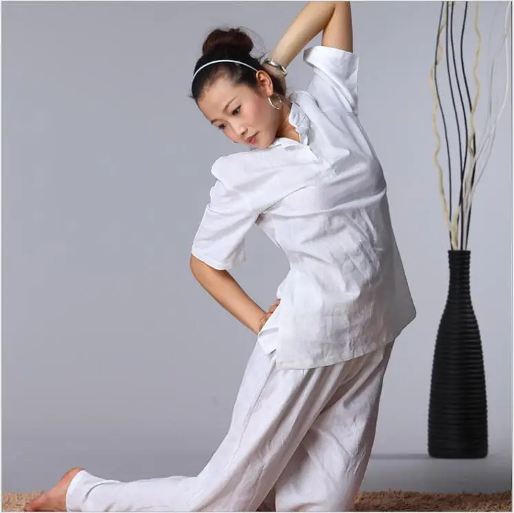 High quality Cotton linen Yoga Suits Spring Summer Short Sleeve martial Jacket + Pants Loose Tai chi Kungfu Comfortable Clothes |