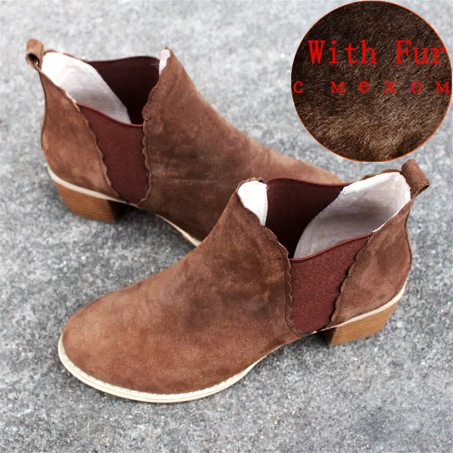 brown suede with fur Женские ботильоны «Челси» из натуральной коровьей замши; зимние ботинки на плоской подошве; удобная качественная мягкая обувь; брендовая дизайнерская обувь ручной работы с мехом - Цвет: brown suede with fur