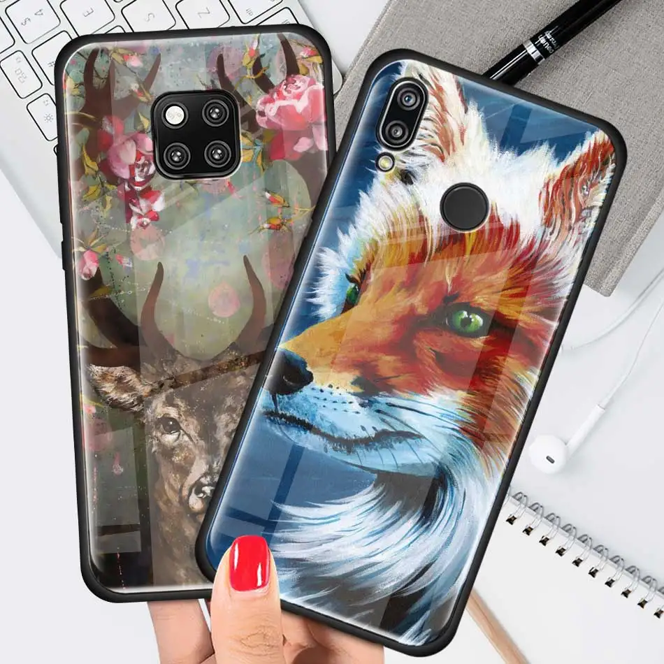 

Animal deer lion Art Tempered Glass Case for Huawei P30 P Smart Z P40 Lite Honor 8X 20 Y7 9X Pro Y9 Y6 2019 Phone Cover Shell