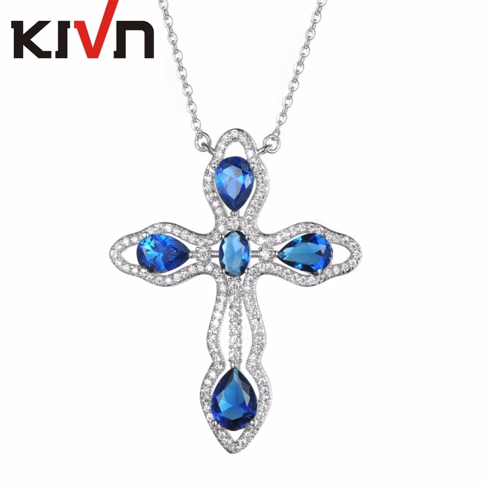 

KIVN Fashion Jewelry Blue Cubic Zirconia Womens Girl Wedding Bridal Cross Pendants Necklaces Birthday Gifts 10pcs Lots Wholesale
