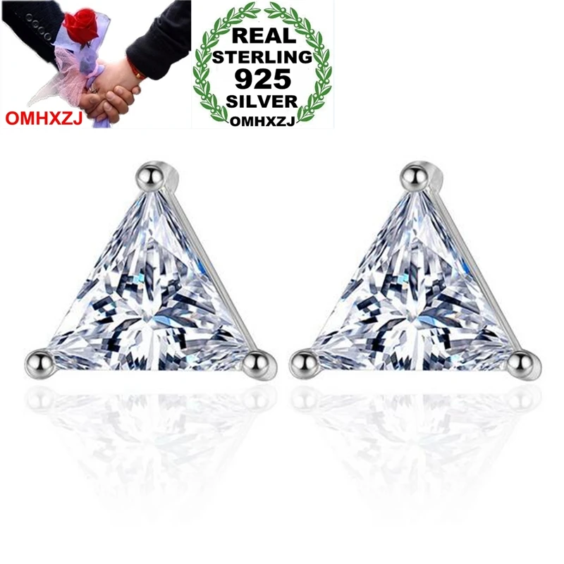 

OMHXZJ Wholesale Simple Geometry Fashion OL For Woman Girl Wedding Gift Triangle Zircon 925 Sterling Silver Stud Earrings YS363