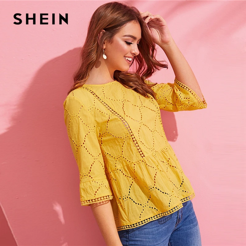 SHEIN, топ с баской на спине, блузка, желтый, бохо, однотонный, кружево, с ушками, вышивка, оборки на подоле, женские летние блузки