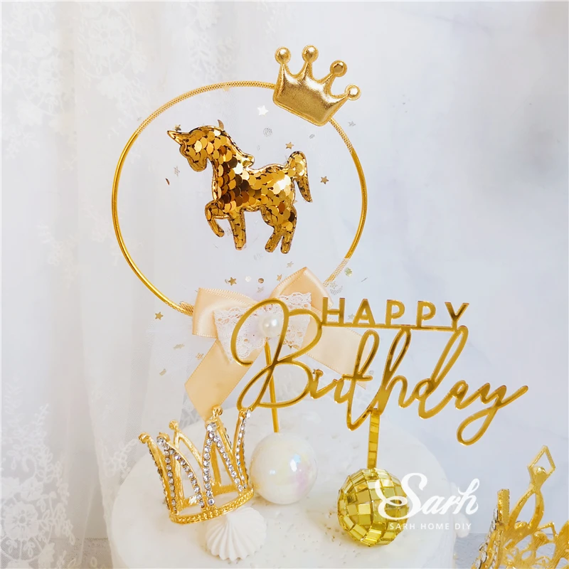 

Gold Crown Mesh Bow Unicorn Cake Toppers Decoration for Children's Day Party Valentine Wedding Engagement Supplies Lovely Gifts
