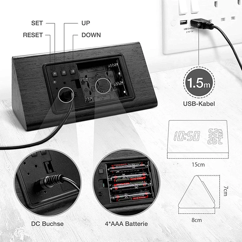 

Digital Wooden Alarm Clock LED Display Voice Control USB Charging Alarm Snooze Time Temperature and Humidity Display Table Clock