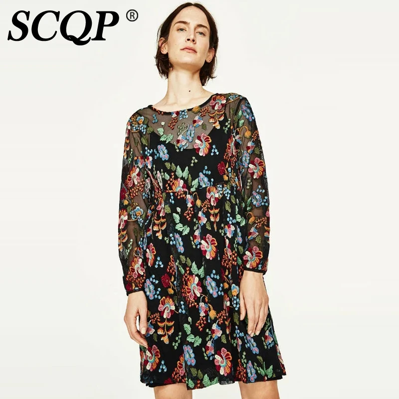 SCQP черный Вышивка цветочный цветы с круглым вырезом летнее платье 2017 длинным