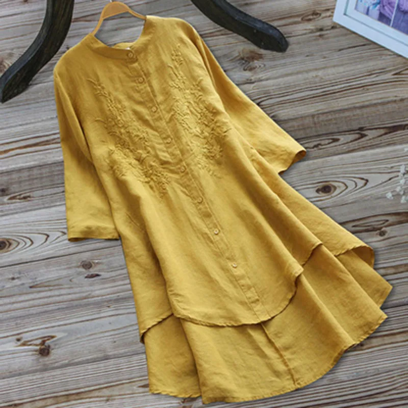 Summer Casual Loose Cotton Ladies Long Sleeve Vintage Embroidered Knee-Length Dress | Женская одежда