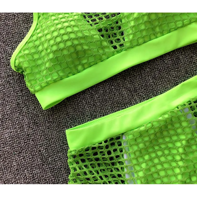 Summer Swimwear Women Solid Color High Waist Mesh Bikini Set Push Up Pad Beachwear Bathing Swimwear Female Bikini Set Swimsuit