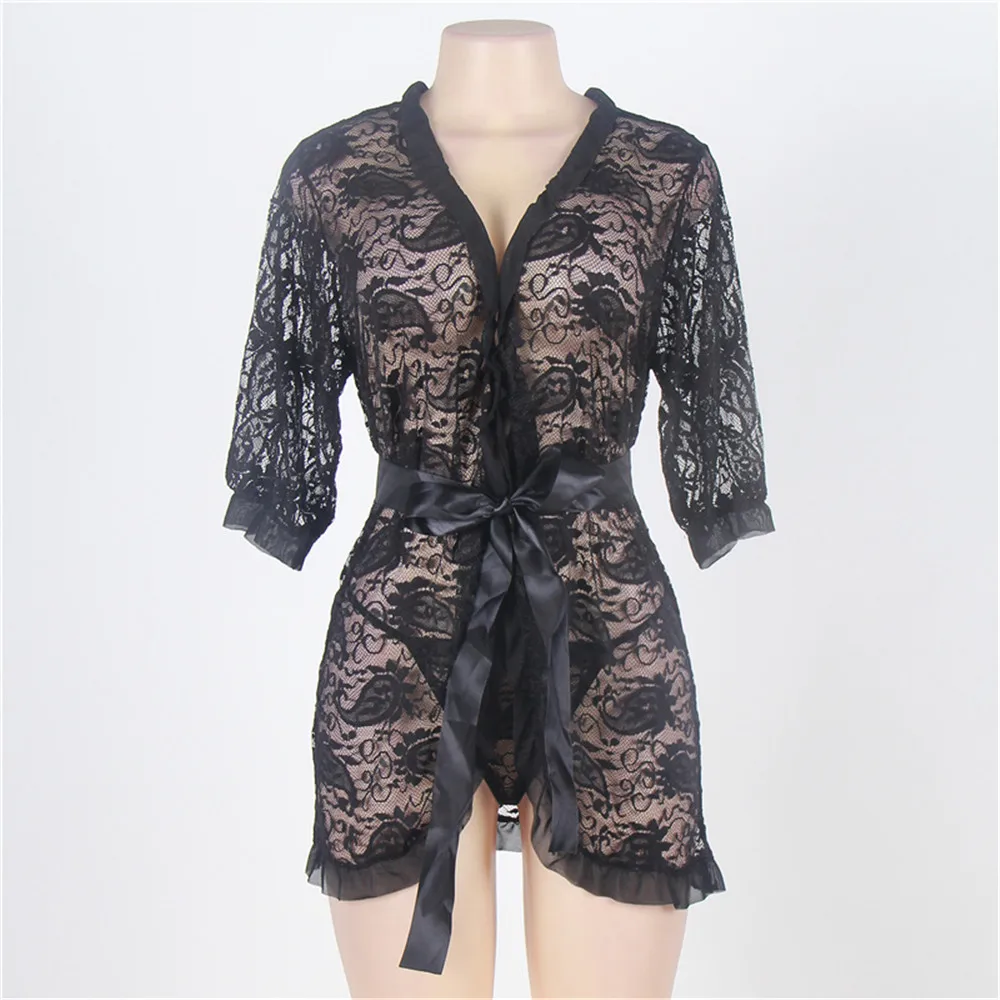 

Lace Cardigan belt Short sleeve Pajamas Dew Buttocks sexy lingerie plus size vestido transparent dress lenceria erotic babydoll