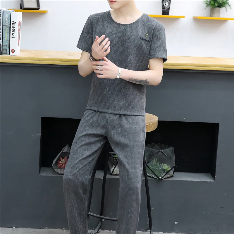 Летний мужской костюм с короткими рукавами 5XL из хлопка и льна, мужской комплект из двух предметов, модные повседневные мужские свободные и удобные штаны на шнурке