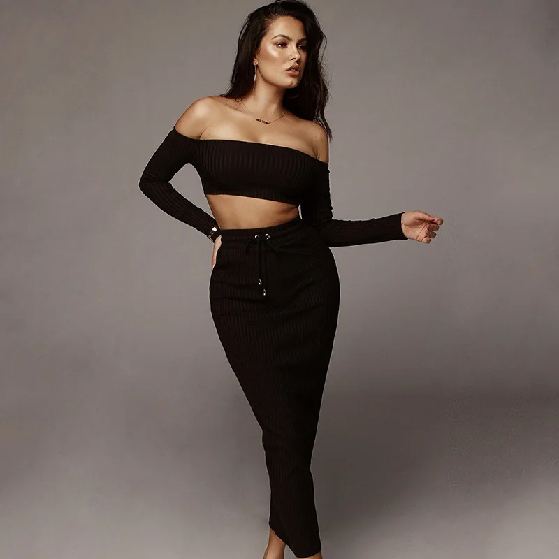 2019 Sexy Off Shoulder Bandage Dresses Womens Long Sleeve Backless Two Piece Set Dress Spring Bodycon Party Vestidos | Женская одежда