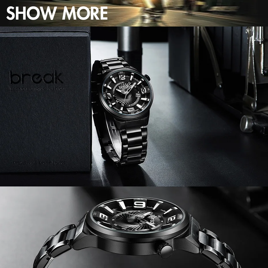 Перерыв подарок часы модные мужские черные Нержавеющая сталь кожа кварцевые