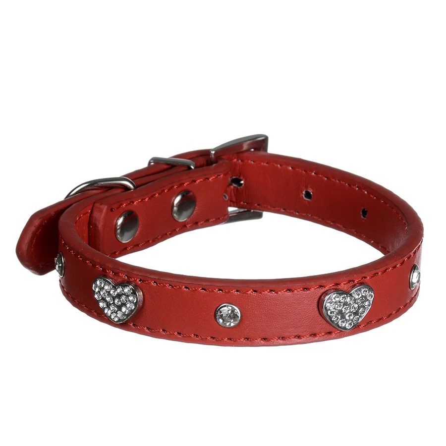 Adjustable Pu Leather Dog Collar Heart Shaped Diamante Rhinestones Pet Puppy Cat Neck Strap Red Rose Size S M | Дом и сад