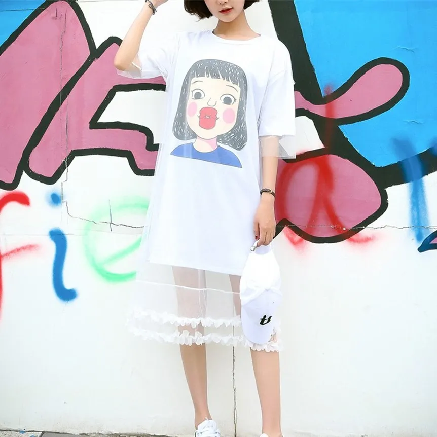 Женская мода Футболки Лето милый мультфильм с принтом для девочек harajuku футболка