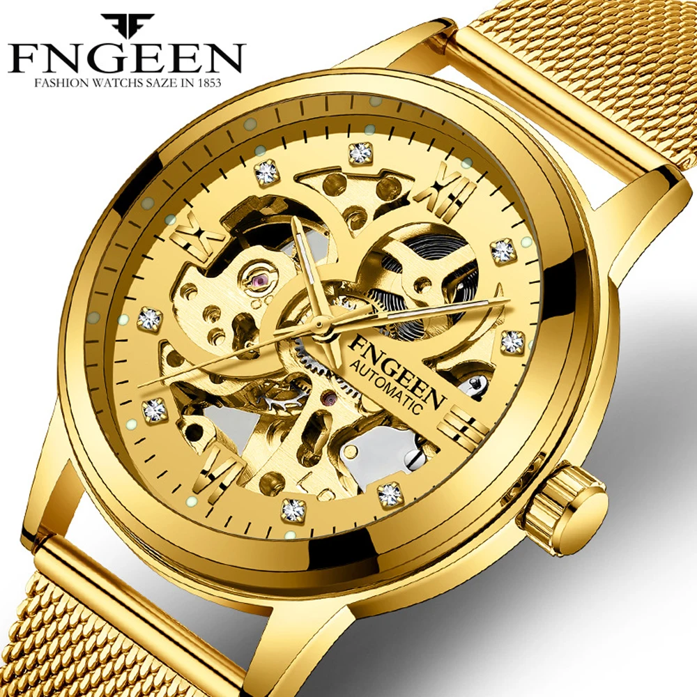 

Mechanical Watches for Men Hodinky Steel Mesh Band Hollow Wristwatch Diamond Luminous Male Clock Hour Tourbillon Automatic Watch