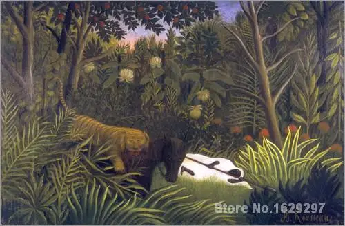 Тигр атакует лошадь и спящего черного человека Анри Руссо живопись для украшения