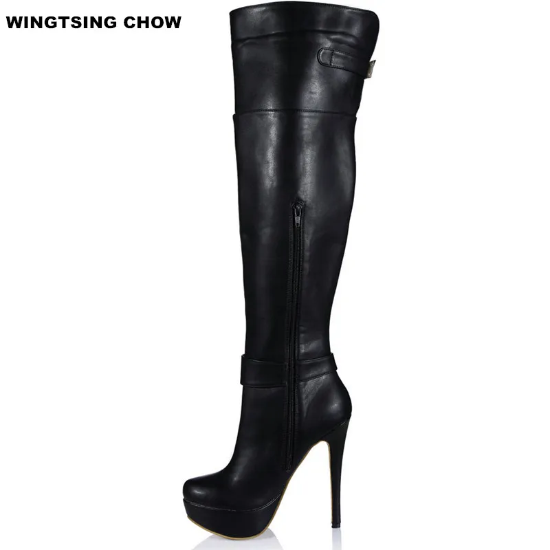 Женские сапоги до колена черные кожаные на высоком каблуке 14 см | Обувь