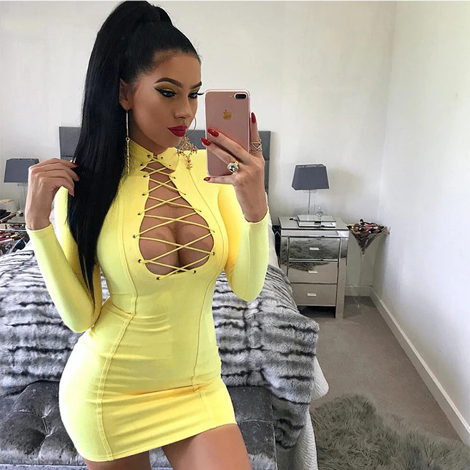 Женское Бандажное платье вечернее с длинным рукавом и шнуровкой|bandage dress|bandage dress