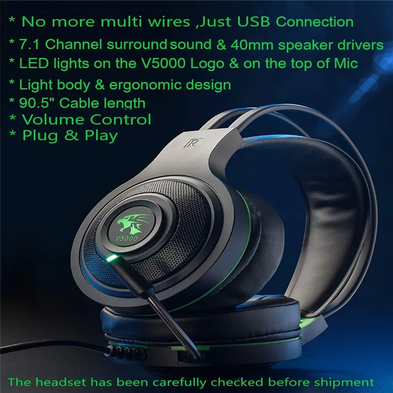 Игровая гарнитура V5000 7,1 канальный объемный звук USB СВЕТОДИОДНЫЙ светильник шумоподавление над ухом геймерские наушники с микрофоном для ПК ноутбука