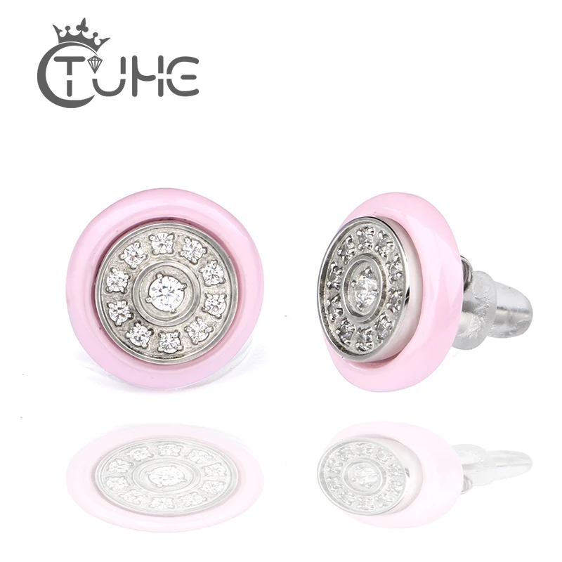 Женские серьги-гвоздики серебряного цвета с кристаллами розового цвета, серьги-гвоздики из керамики, свадебные украшения, рождественский подарок, 2019