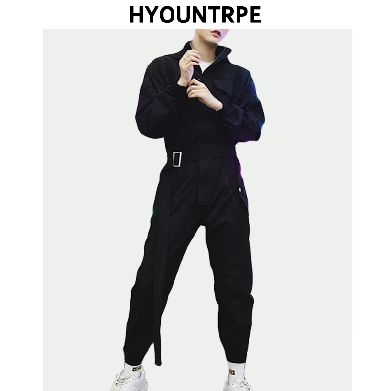Fashion Zipper Men Hooded Romper Autumn Long Sleeve Jumpsuit with Belt Cargo Pockets Tops Trousers Black One-piece Suit Overalls