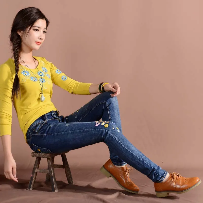 Плюс Размеры Для женщин с цветочной вышивкой зауженные джинсы весна лето дамы